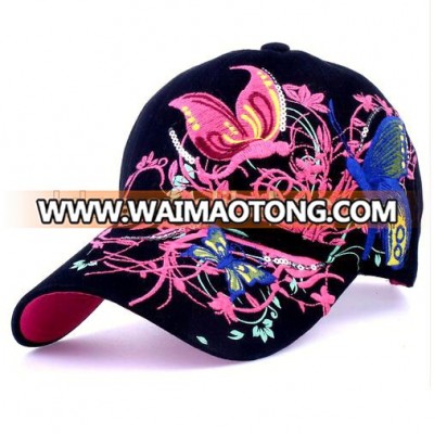 High Quality Baseball Hat Women Cotton Cap with Butterflies and Flowers Embroidery